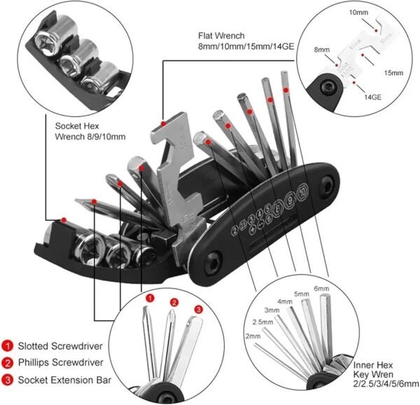 Kit de mantenimiento de ciclismo, kit de herramientas para bicicletas eléctricas | Kit de reparación de herramientas múltiples de ciclo 16 en 1 - Imagen 4